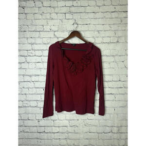 Talbots Women's Long Sleeve Red Ruffle Neck Top, Medium